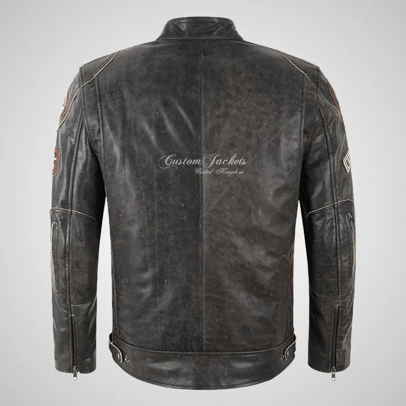 SIZMA Vintage Biker Leather Jacket for Mens Black Buffalo Leather