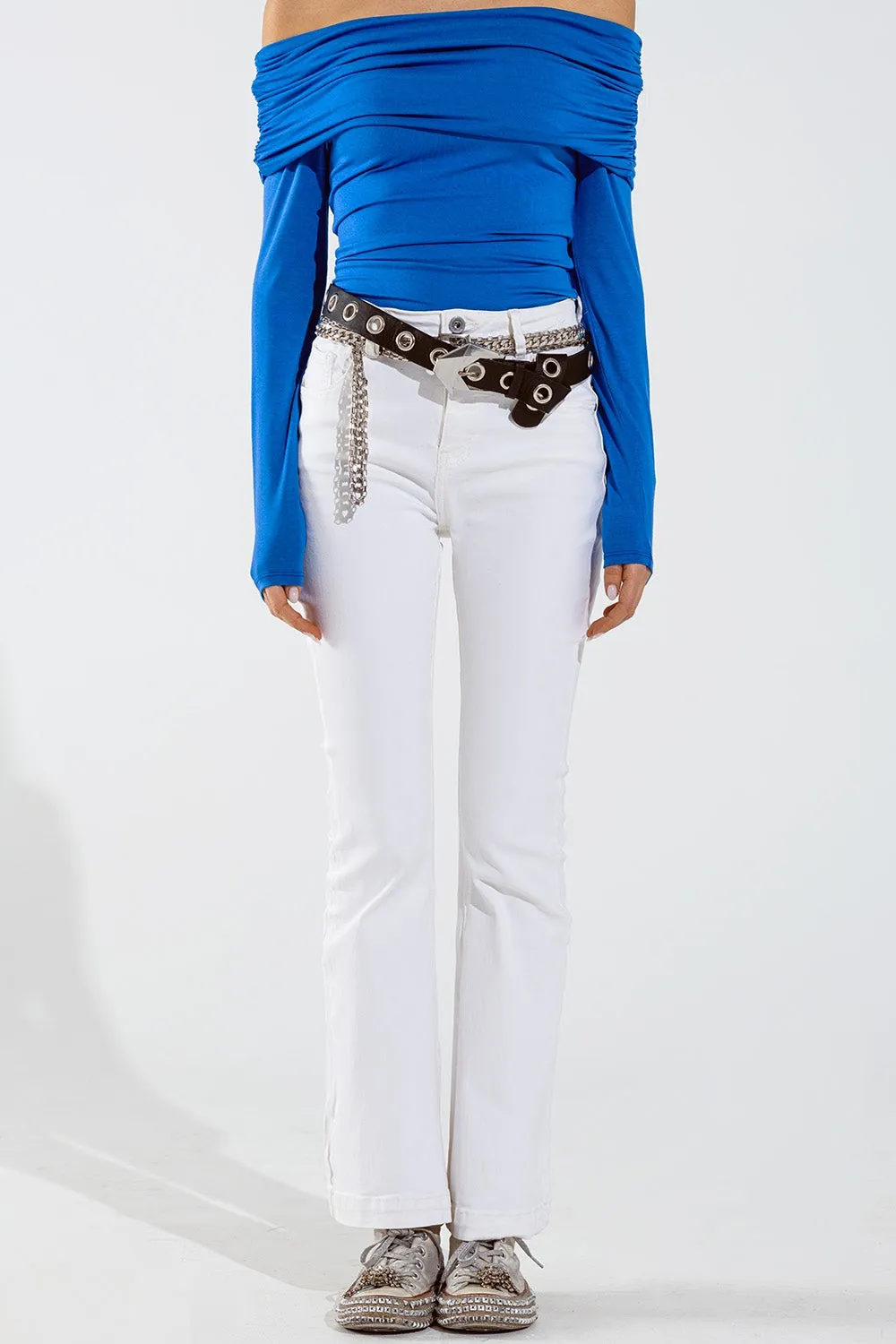 Skinny Flared Jeans With Double Button Detail in White