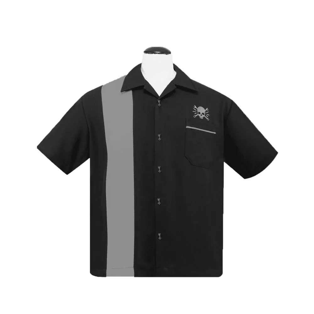 Skull Wrench Black Bowling Shirt by Steady Clothing