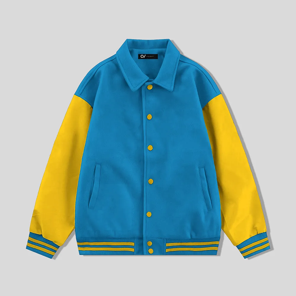 Sky Blue Byron Collar Wool & Leather Varsity Jacket Gold Sleeves - Jack N Hoods