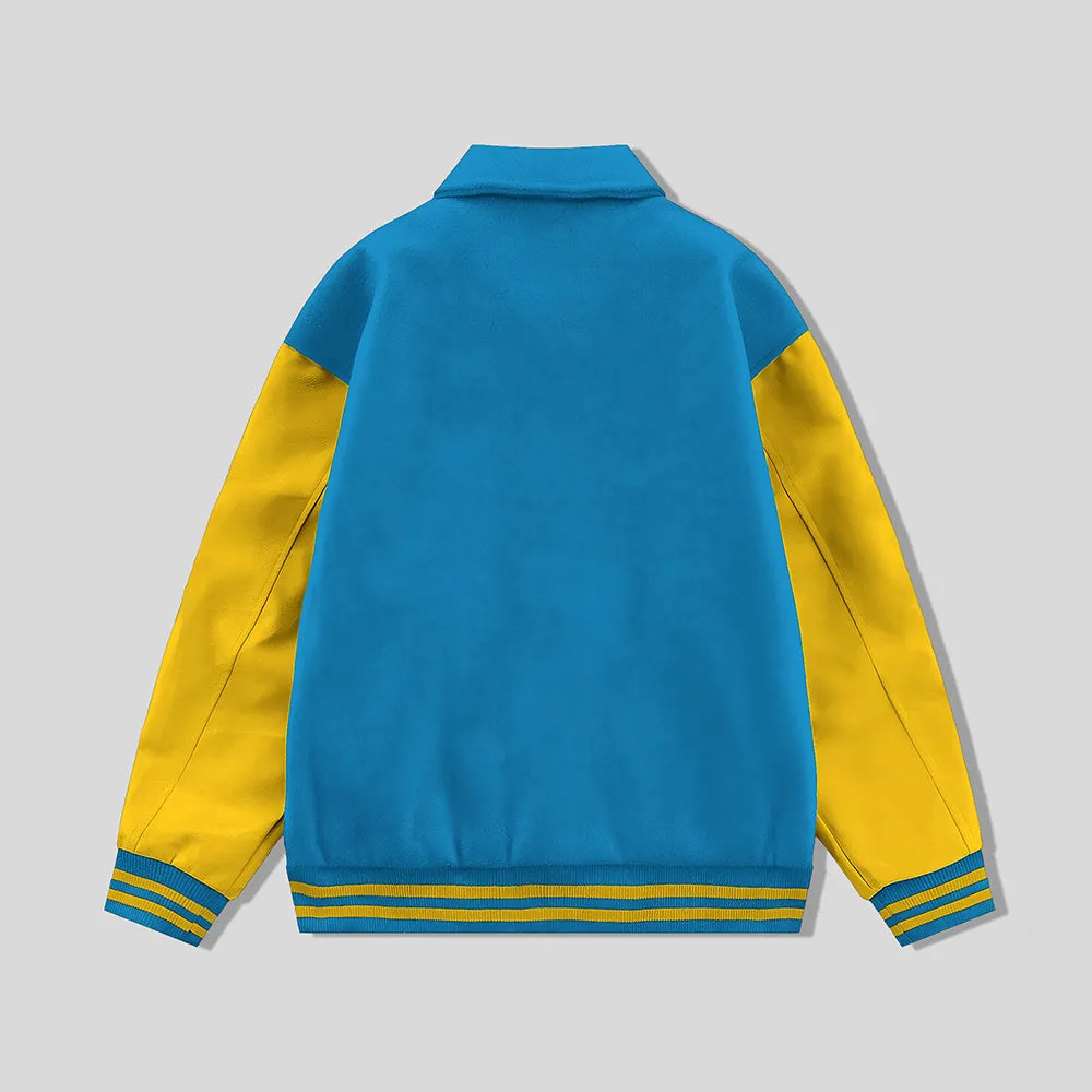Sky Blue Byron Collar Wool & Leather Varsity Jacket Gold Sleeves - Jack N Hoods