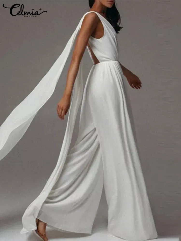 Sleeveless Deep V Neck Wide Leg Jumpsuit