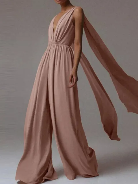Sleeveless Deep V Neck Wide Leg Jumpsuit