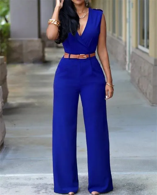 Sleeveless High-waist V-neck Wide-leg Pants Jumpsuit With Belt