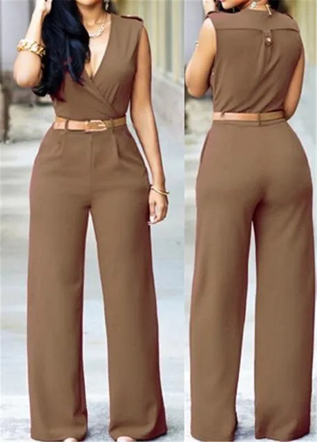 Sleeveless High-waist V-neck Wide-leg Pants Jumpsuit With Belt