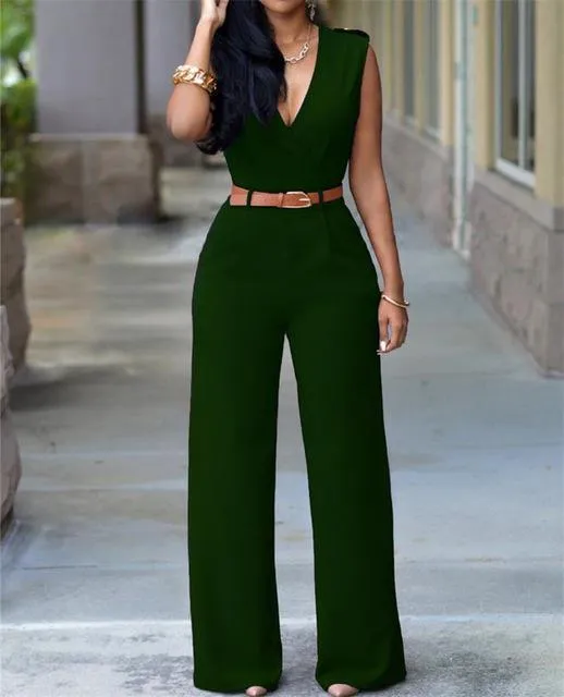 Sleeveless High-waist V-neck Wide-leg Pants Jumpsuit With Belt