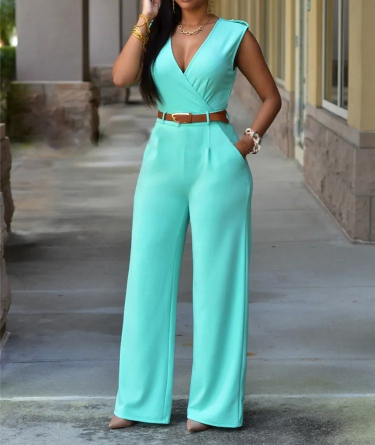 Sleeveless High-waist V-neck Wide-leg Pants Jumpsuit With Belt