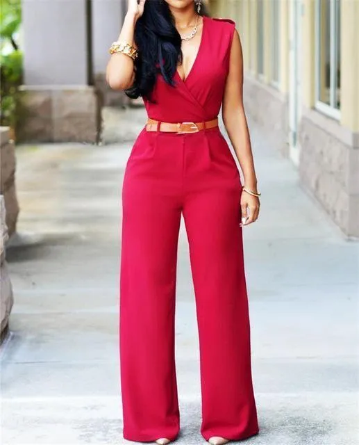 Sleeveless High-waist V-neck Wide-leg Pants Jumpsuit With Belt