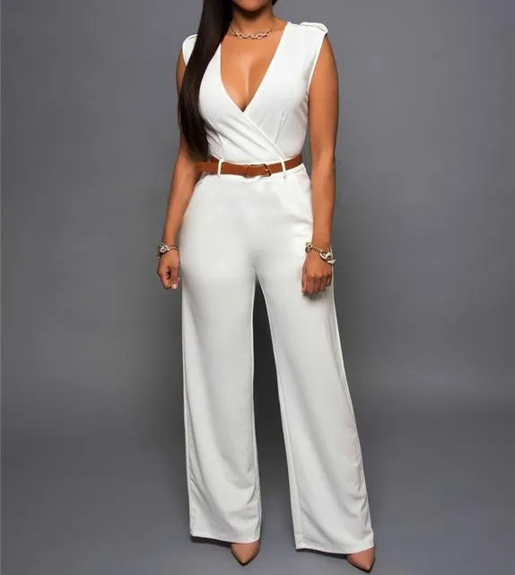 Sleeveless High-waist V-neck Wide-leg Pants Jumpsuit With Belt