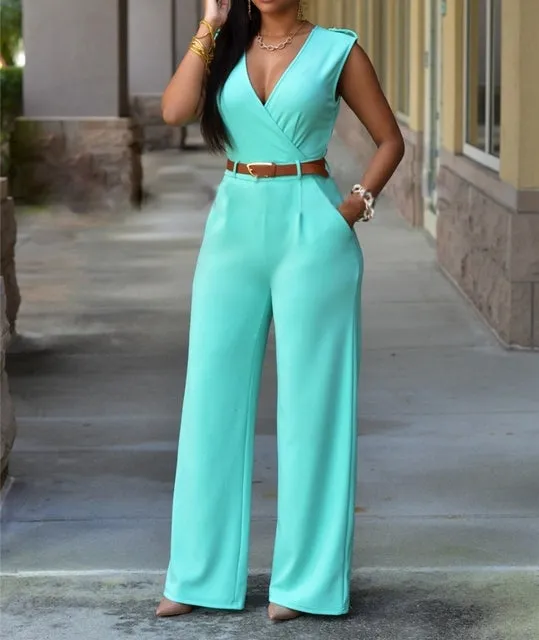 Sleeveless High-waist V-neck Wide-leg Pants Jumpsuit With Belt