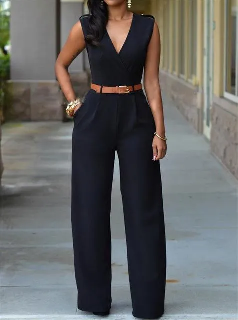 Sleeveless High-waist V-neck Wide-leg Pants Jumpsuit With Belt