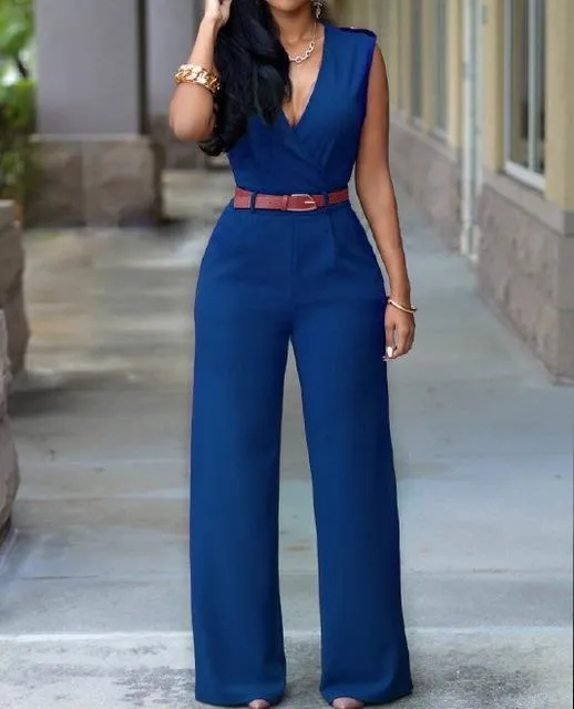 Sleeveless High-waist V-neck Wide-leg Pants Jumpsuit With Belt