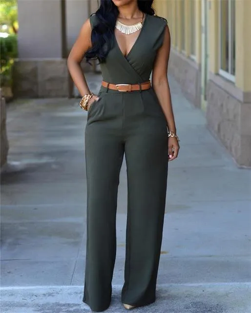 Sleeveless High-waist V-neck Wide-leg Pants Jumpsuit With Belt