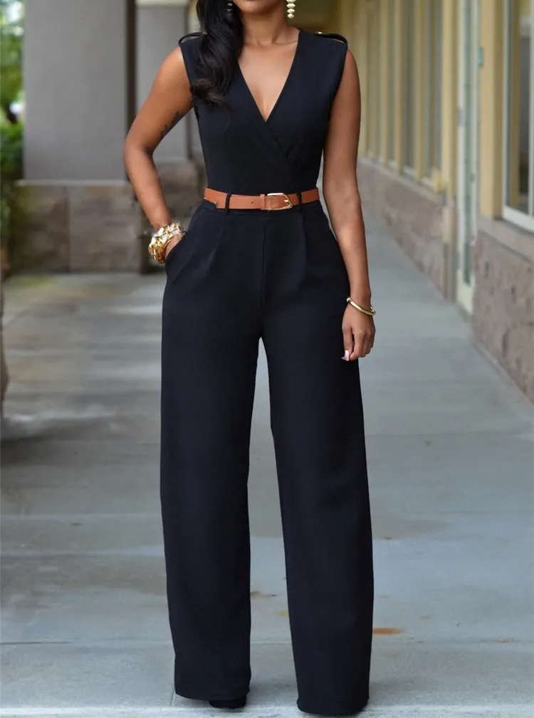 Sleeveless High-waist V-neck Wide-leg Pants Jumpsuit With Belt
