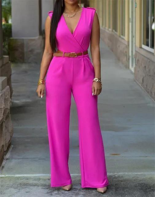 Sleeveless High-waist V-neck Wide-leg Pants Jumpsuit With Belt