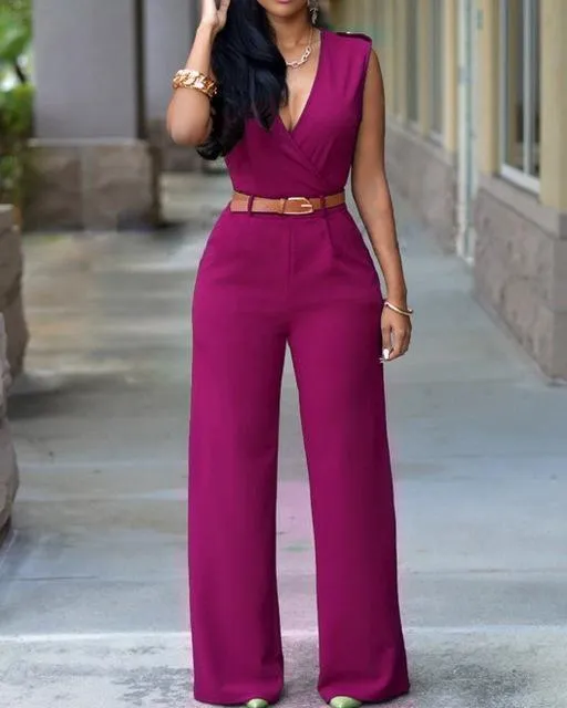 Sleeveless High-waist V-neck Wide-leg Pants Jumpsuit With Belt