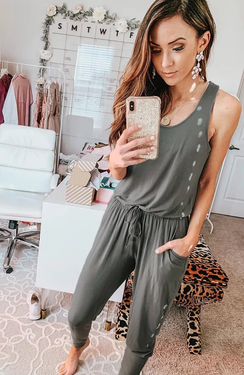 Sleeveless Laced Up Belt Jumpsuit Romper w/Pockets