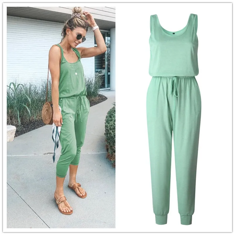 Sleeveless Laced Up Belt Jumpsuit Romper w/Pockets