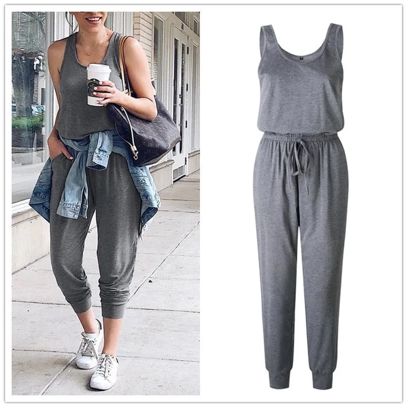 Sleeveless Laced Up Belt Jumpsuit Romper w/Pockets