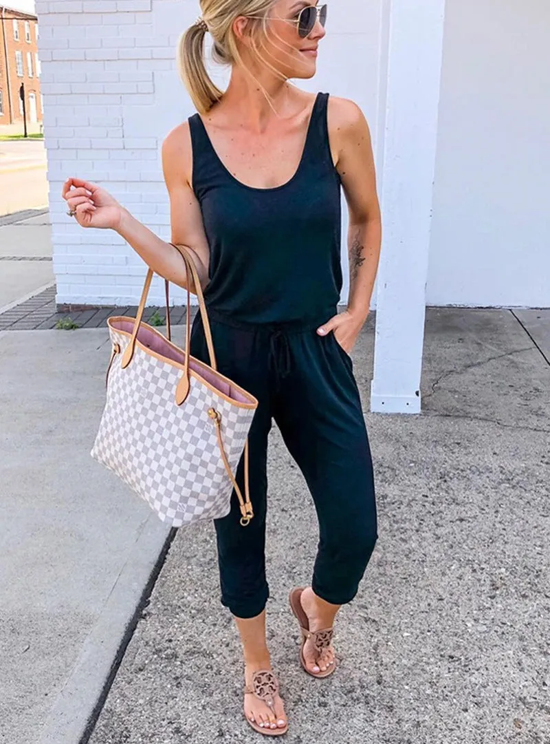 Sleeveless Laced Up Belt Jumpsuit Romper w/Pockets