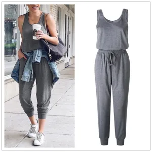 Sleeveless Laced Up Belt Jumpsuit Romper w/Pockets