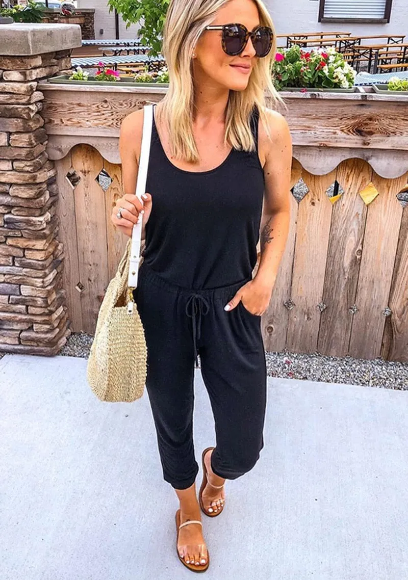 Sleeveless Laced Up Belt Jumpsuit Romper w/Pockets