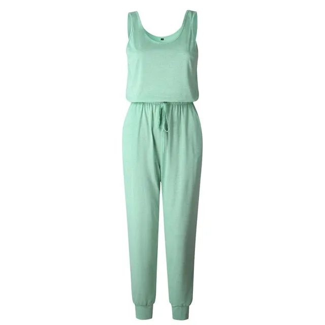 Sleeveless Laced Up Belt Jumpsuit Romper w/Pockets