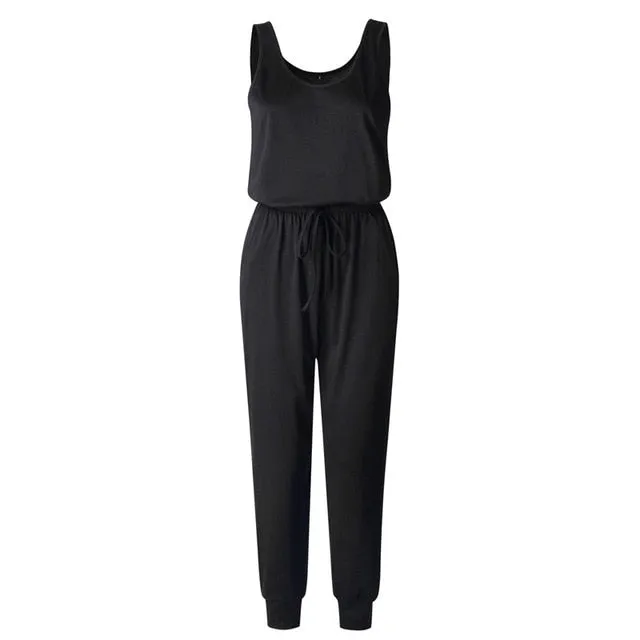 Sleeveless Laced Up Belt Jumpsuit Romper w/Pockets