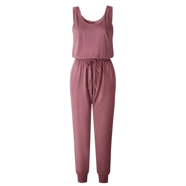 Sleeveless Laced Up Belt Jumpsuit Romper w/Pockets