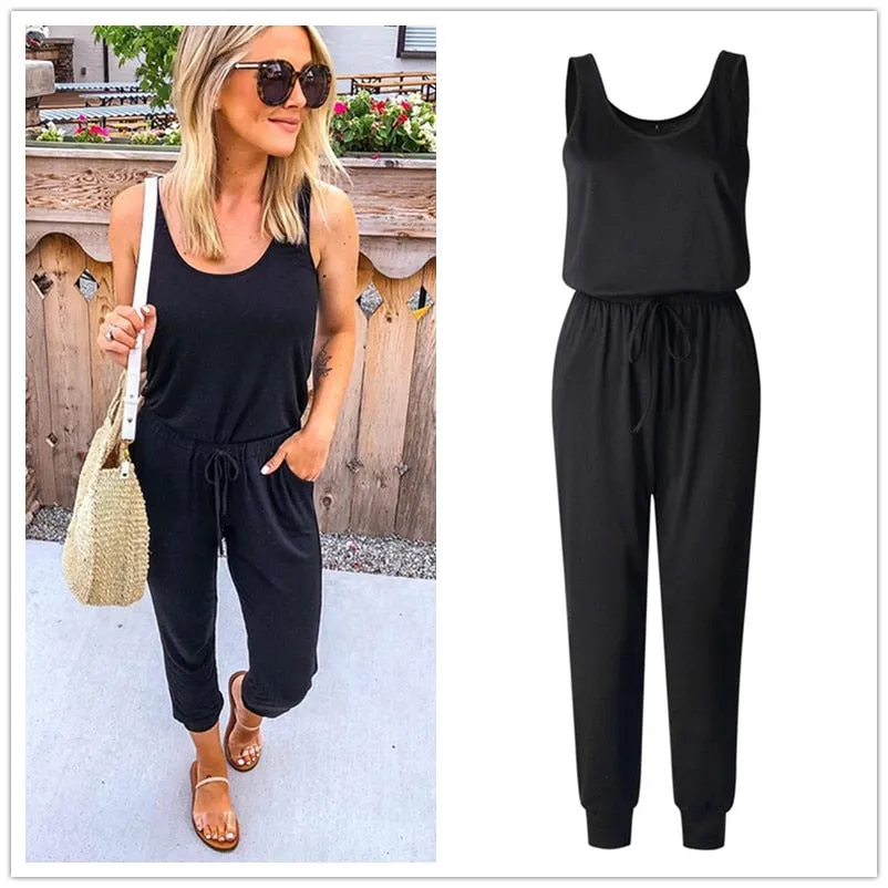 Sleeveless Laced Up Belt Jumpsuit Romper w/Pockets