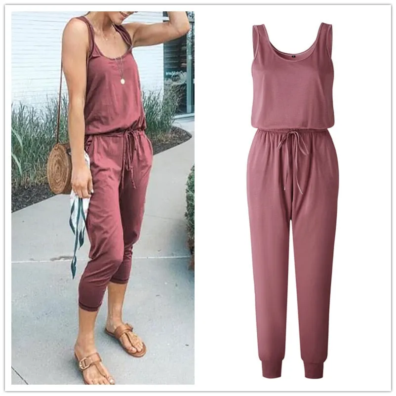 Sleeveless Laced Up Belt Jumpsuit Romper w/Pockets