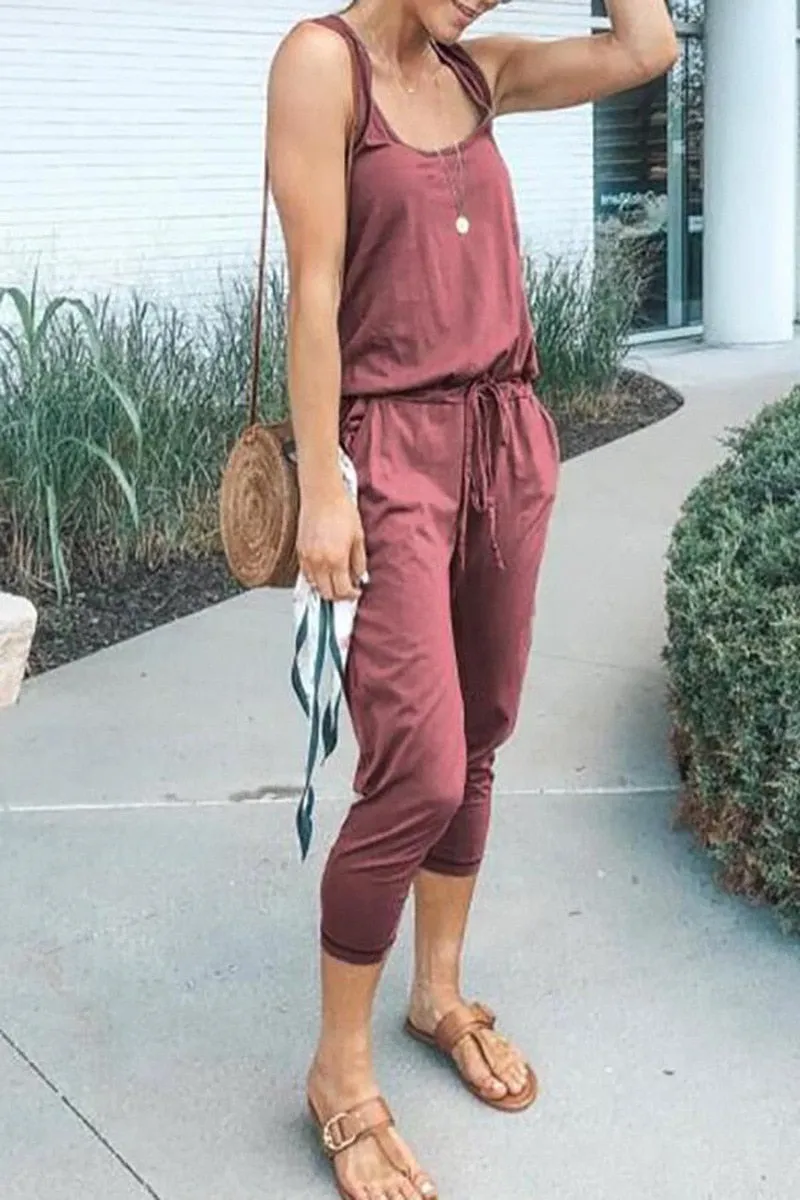 Sleeveless Laced Up Belt Jumpsuit Romper w/Pockets