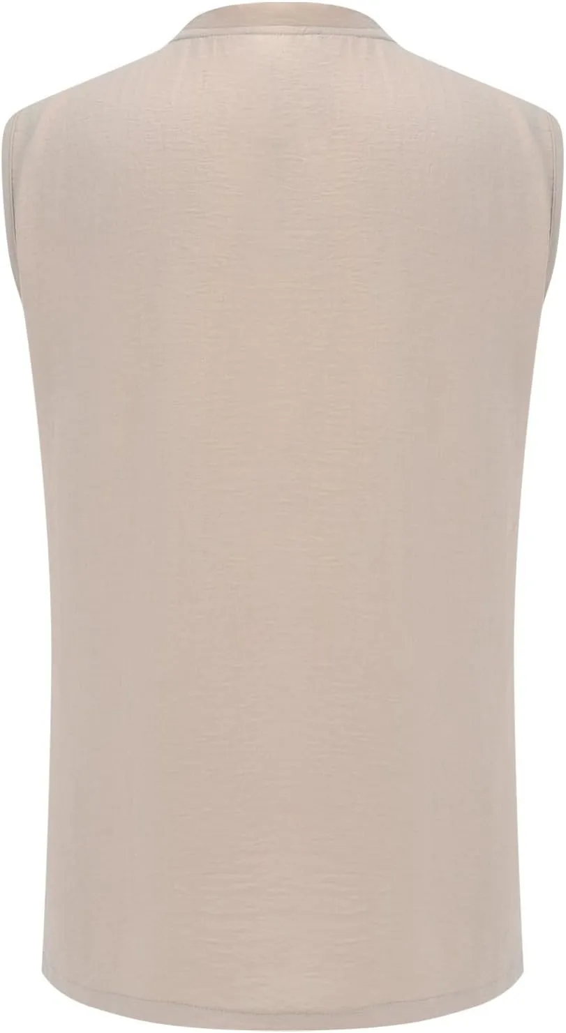 Sleeveless Tshirt Men Workout Cotton Linen Pullover V-Neck Casual Tank Tops Lightweight Summer Gym Training Undershirt