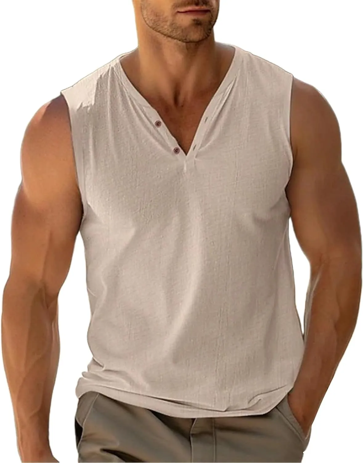 Sleeveless Tshirt Men Workout Cotton Linen Pullover V-Neck Casual Tank Tops Lightweight Summer Gym Training Undershirt