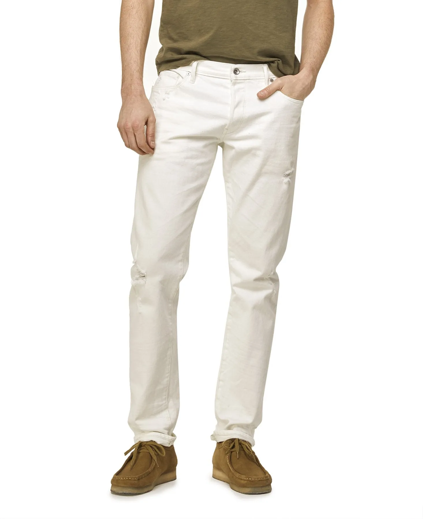 Slim Fit Destroyed Stretch Selvedge Denim in White