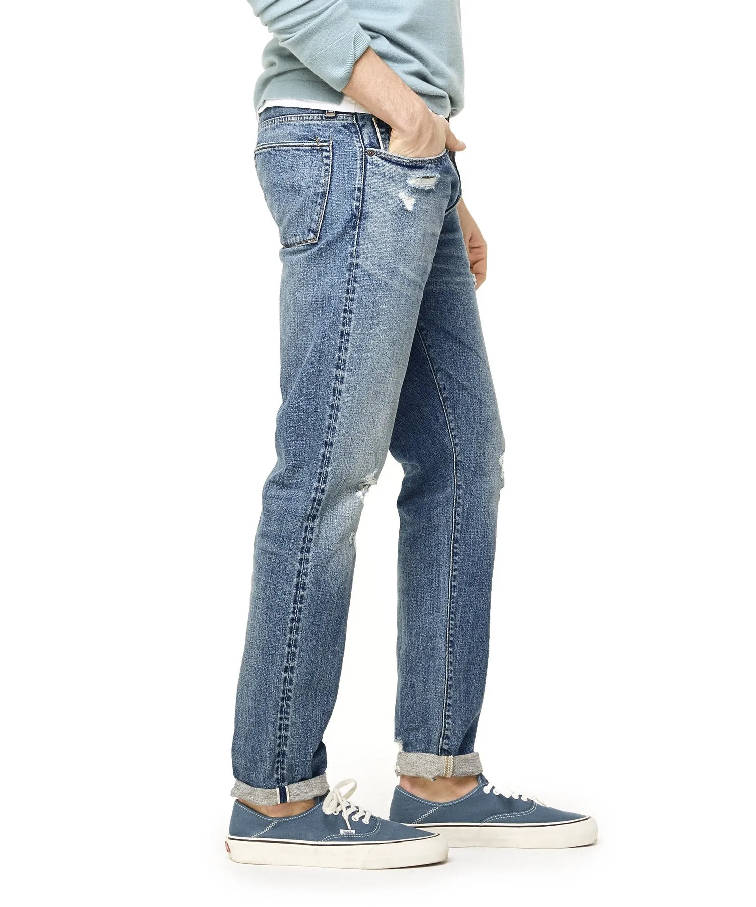 Slim Fit Japanese Stretch Selvedge Jean in Destroyed Wash