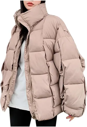 SMIDOW Cropped Puffer Jacket For Women Trendy 2023 Quilted Padded Bubble Coat Solid Warm Winter Short Jackets Outerwear
