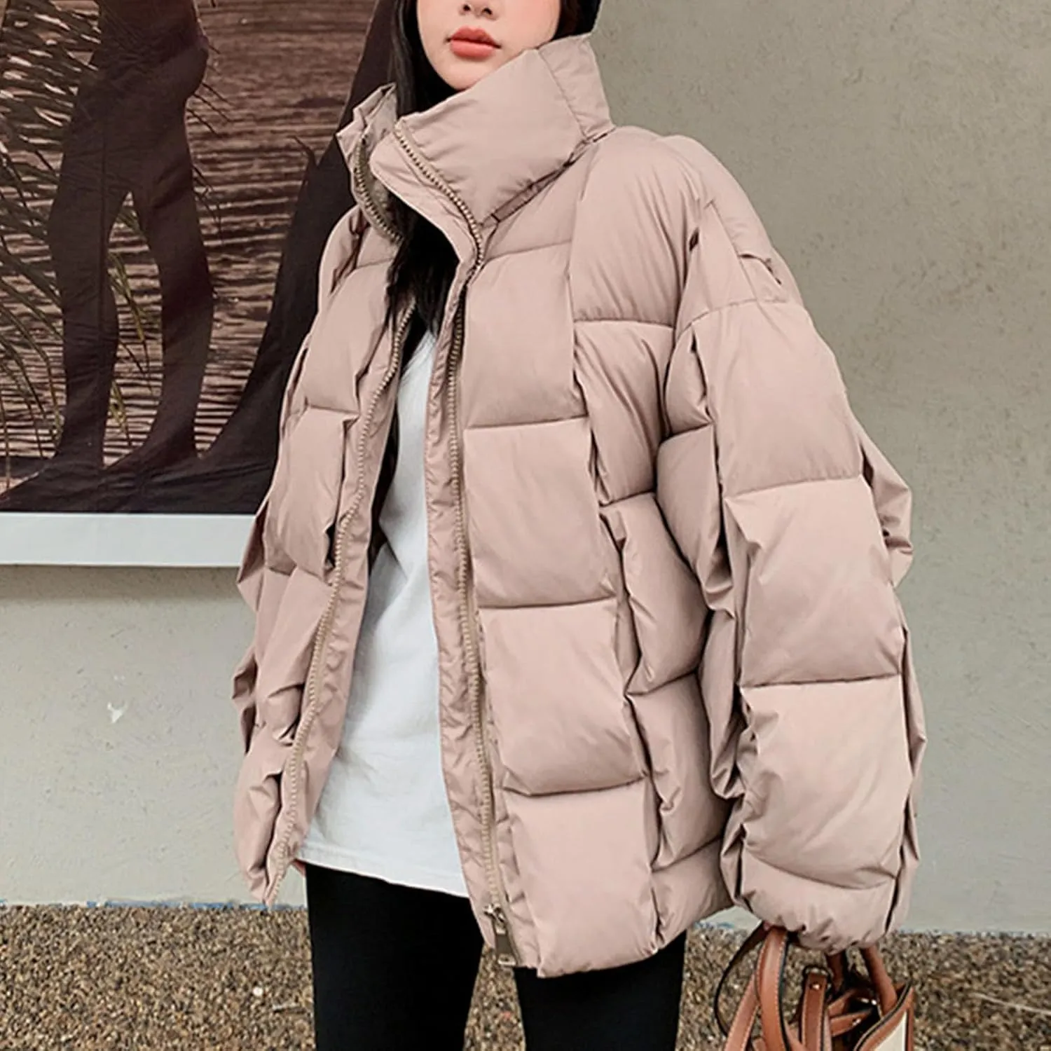 SMIDOW Cropped Puffer Jacket For Women Trendy 2023 Quilted Padded Bubble Coat Solid Warm Winter Short Jackets Outerwear