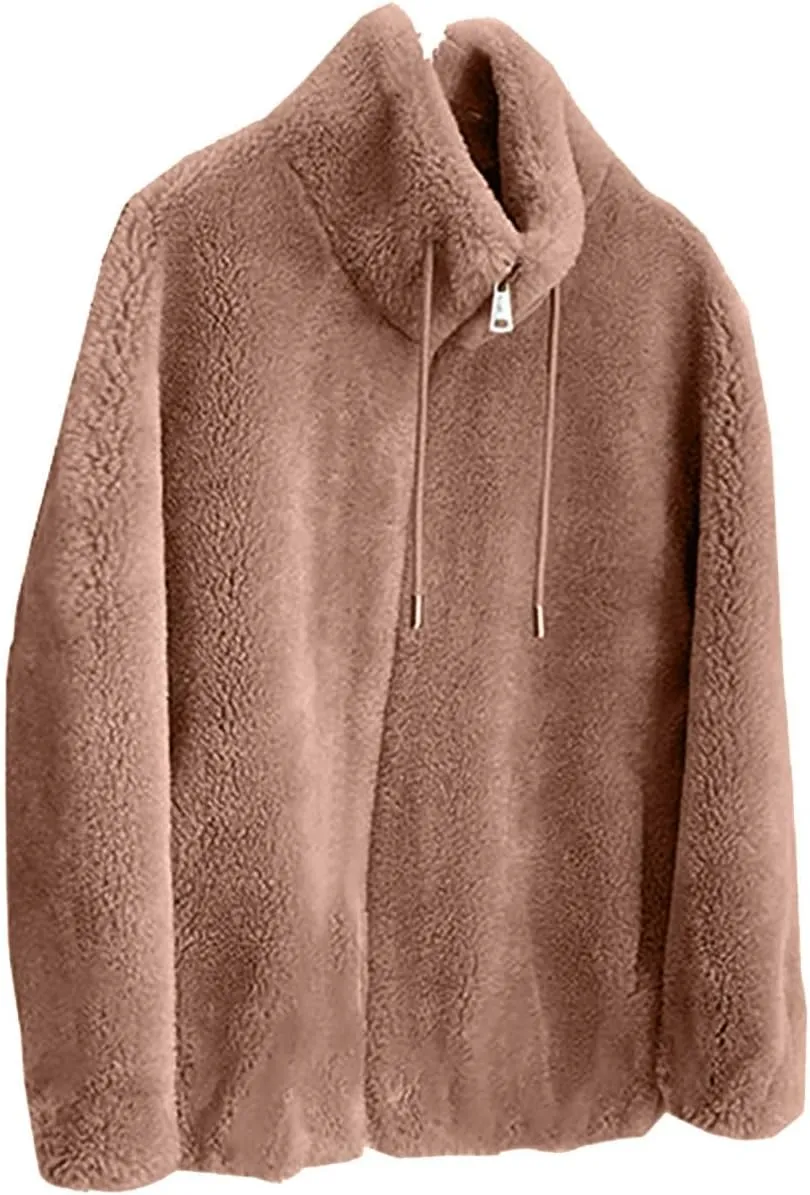 SMIDOW Fuzzy Fleece Coat For Womens Fall Fashion 2023 Standing Collar Warm Cardigan Zipper Fluffy Jackets Outerwear