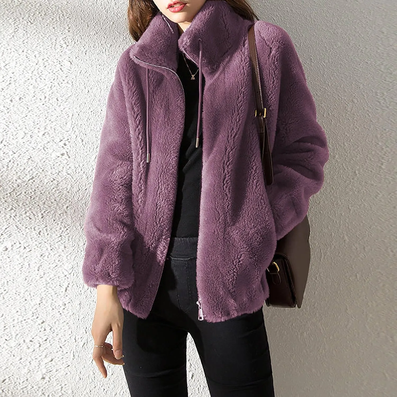 SMIDOW Fuzzy Fleece Coat For Womens Fall Fashion 2023 Standing Collar Warm Cardigan Zipper Fluffy Jackets Outerwear