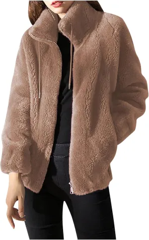 SMIDOW Fuzzy Fleece Coat For Womens Fall Fashion 2023 Standing Collar Warm Cardigan Zipper Fluffy Jackets Outerwear