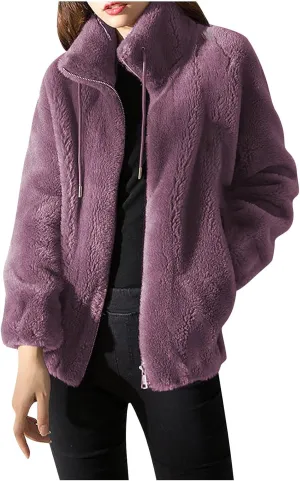 SMIDOW Fuzzy Fleece Coat For Womens Fall Fashion 2023 Standing Collar Warm Cardigan Zipper Fluffy Jackets Outerwear