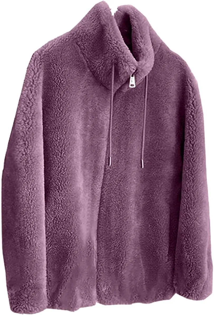 SMIDOW Fuzzy Fleece Coat For Womens Fall Fashion 2023 Standing Collar Warm Cardigan Zipper Fluffy Jackets Outerwear