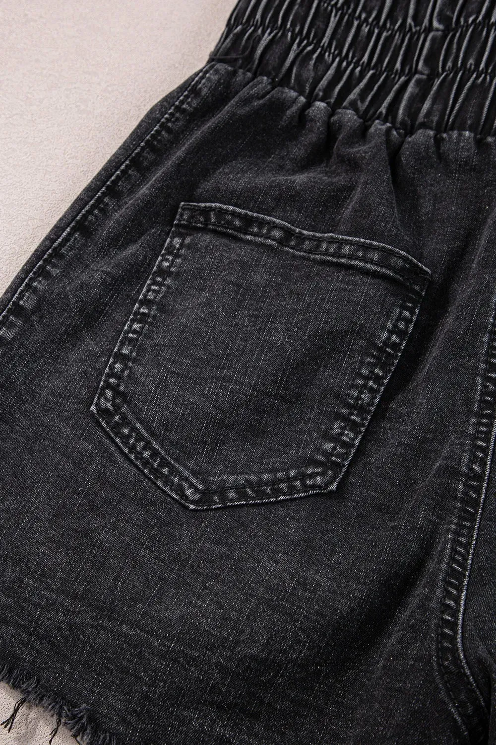 Smocked High Waist Mineral Washed Denim Shorts