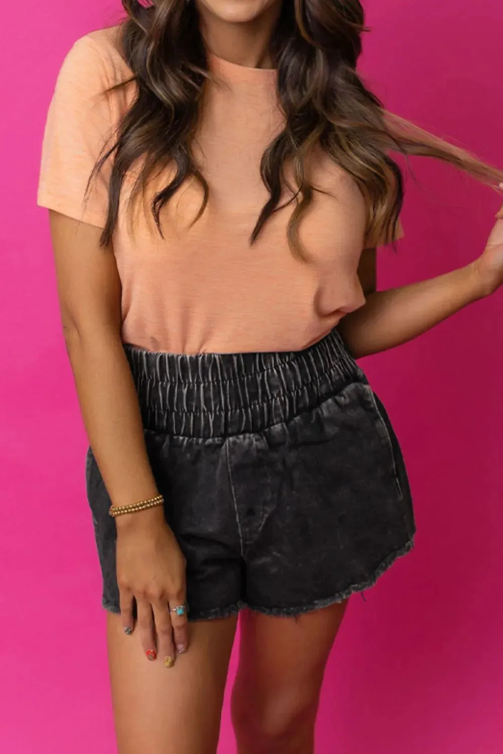 Smocked High Waist Mineral Washed Denim Shorts