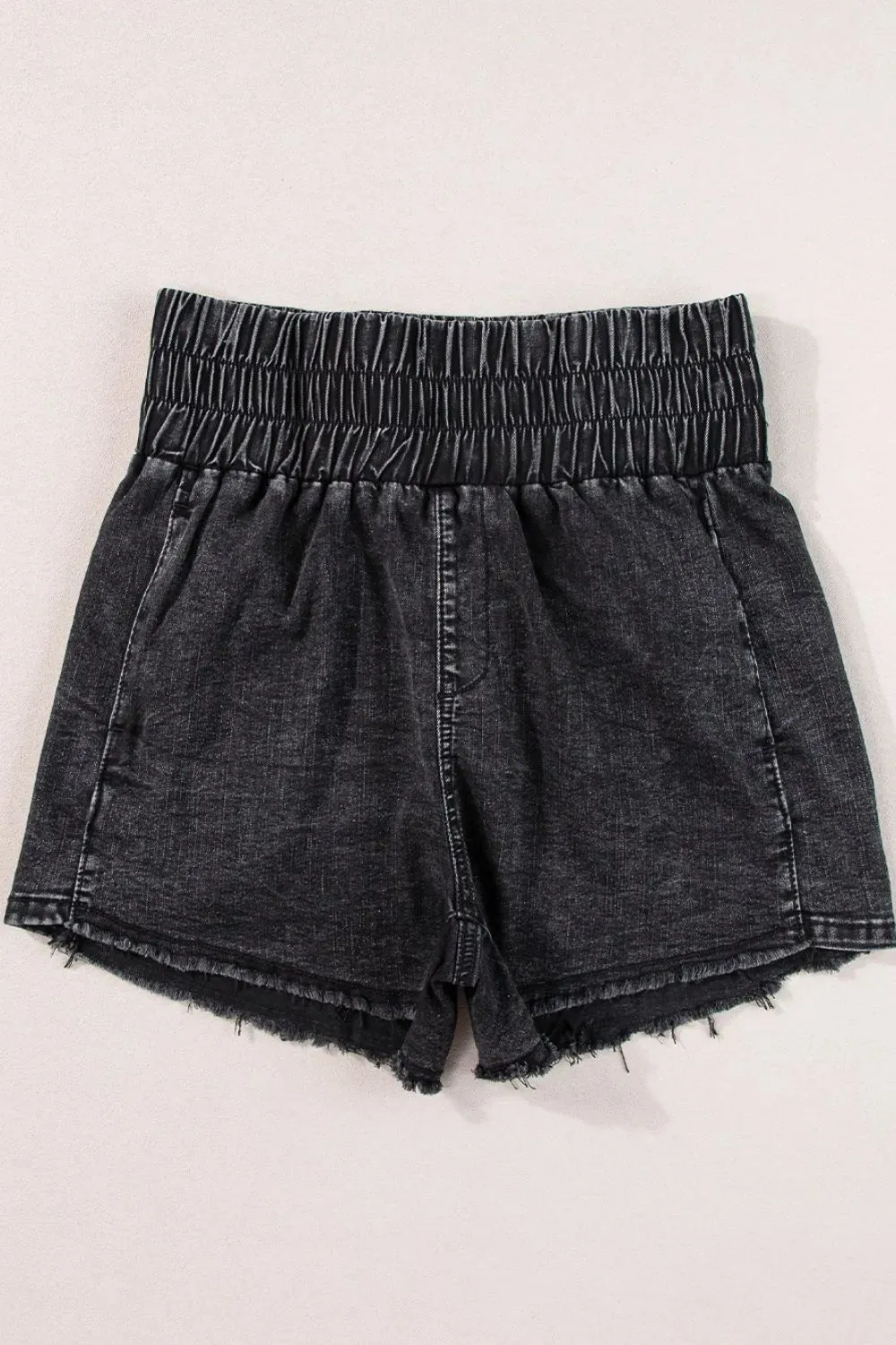 Smocked High Waist Mineral Washed Denim Shorts
