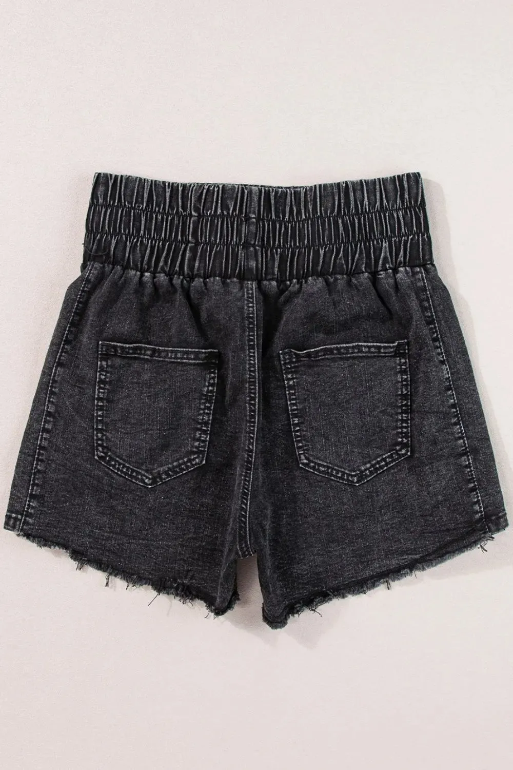 Smocked High Waist Mineral Washed Denim Shorts