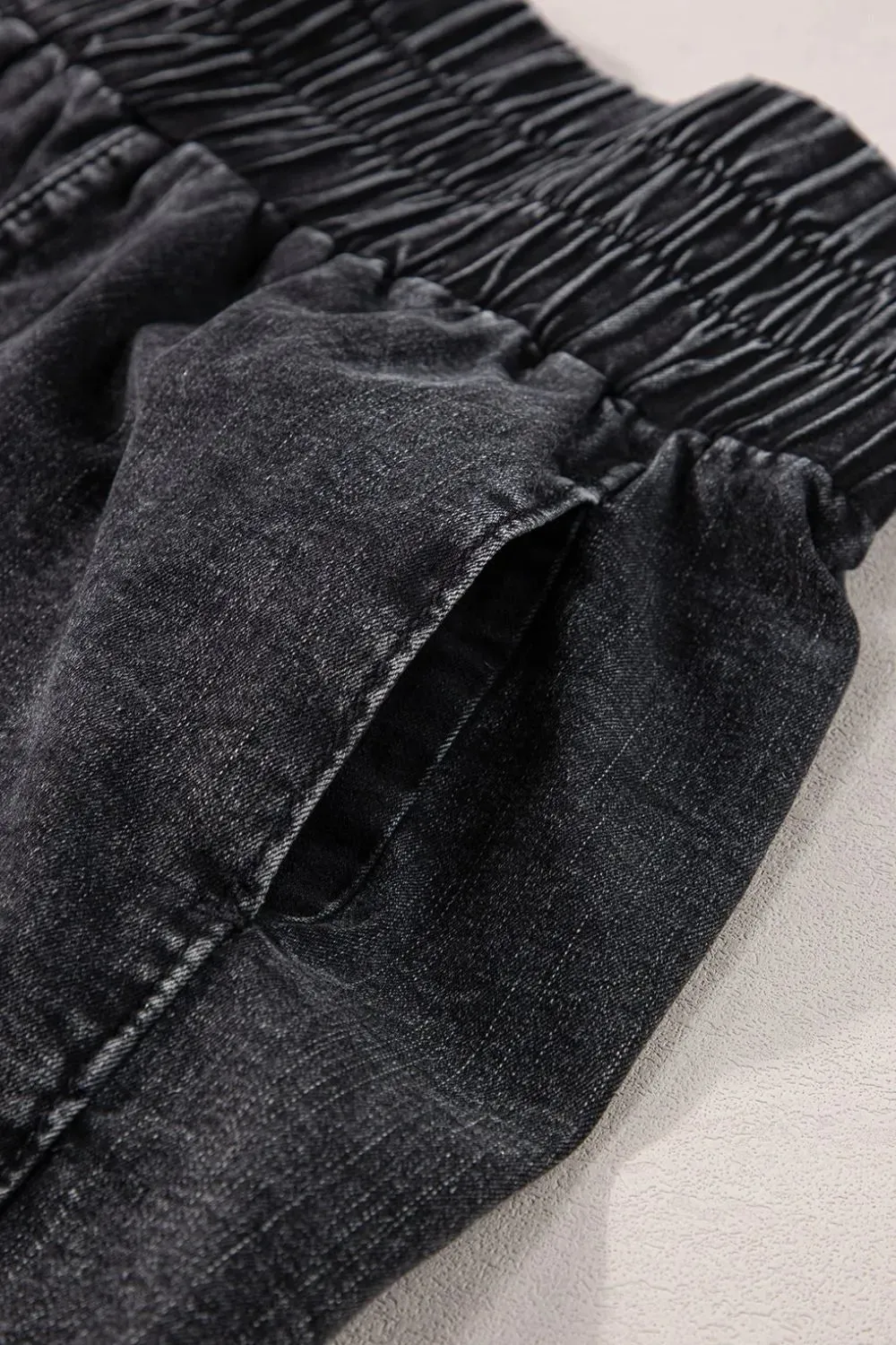 Smocked High Waist Mineral Washed Denim Shorts