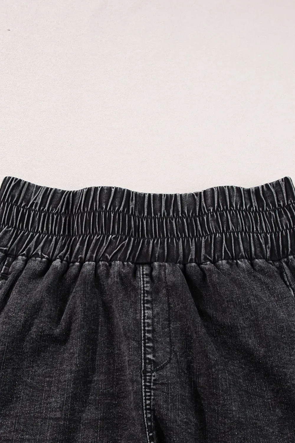 Smocked High Waist Mineral Washed Denim Shorts