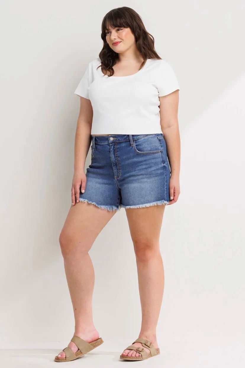 Sneak Peek Denim Shorts with Fray Hem (S-3X)